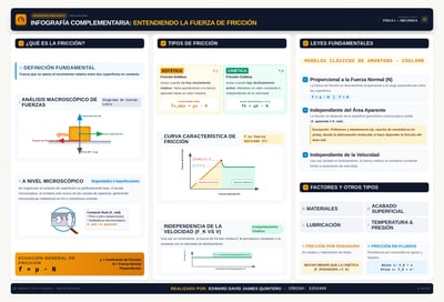 Spanish three-column friction infographic with force diagrams, formulas, static and kinetic comparisons, and charts