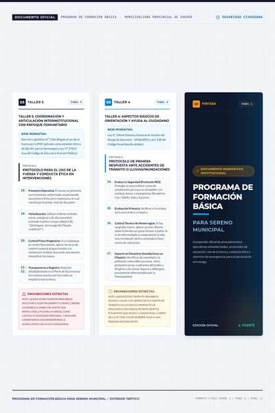 Spanish municipal security training trifold with Taller 4 and 5 panels beside a dark navy program cover
