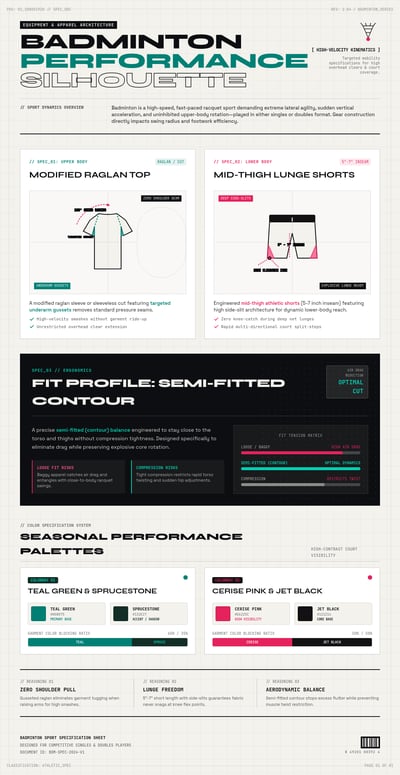 Badminton apparel specification sheet with garment diagrams, measurements, fit notes, construction details, and seasonal color palettes