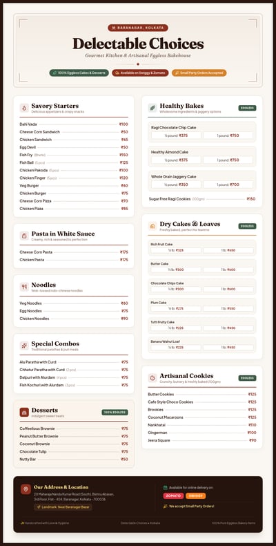 Tall Delectable Choices menu with savory snacks, pasta, noodles, eggless bakes, desserts, cookies, rupee prices, and contact details