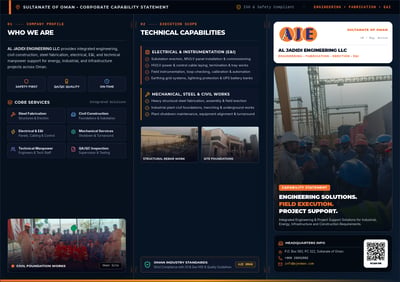 Engineering capability statement with navy-and-orange columns, service cards, project photos, company logo, QR code, and contact details