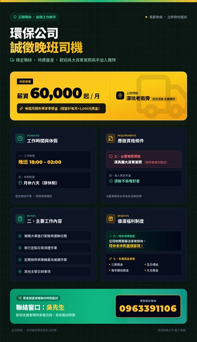Traditional Chinese night-shift garbage-truck driver hiring poster with salary, schedule, requirements, duties, benefits, and contact