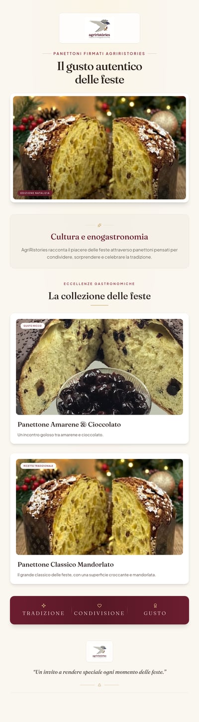 Italian Christmas panettone mobile brochure with festive product photos, cream cards, flavor descriptions, quality badges, and order button