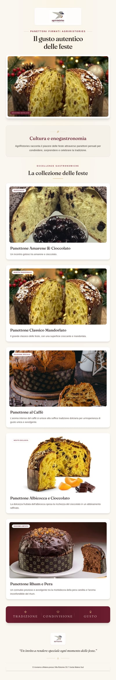 Italian panettone collection brochure with stacked cream product cards, warm food photography, flavor notes, and burgundy order section