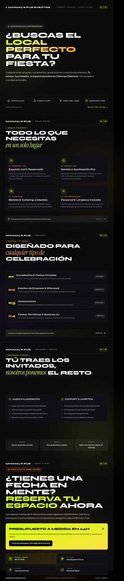 Dark neon private-event booking carousel with lime headlines, venue benefits, reservation steps, testimonials, and WhatsApp CTA