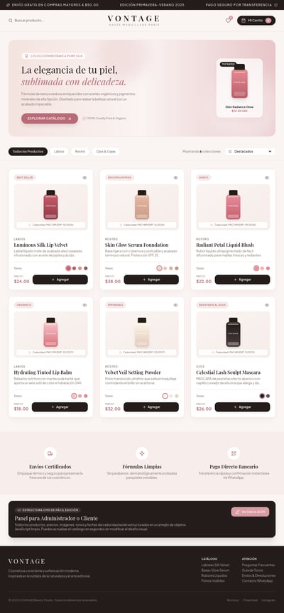 Soft pink Vontage makeup catalog with editorial hero, product cards, ratings, prices, cart buttons, trust features, and dark footer