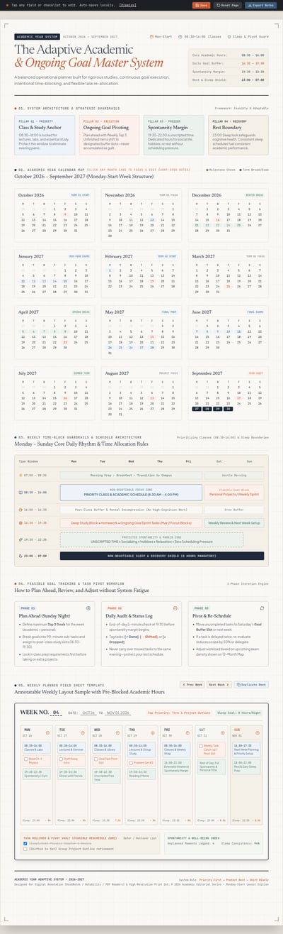Tall academic-year planner with annual calendars, weekly time blocks, semester milestones, routine cards, and reflection panels