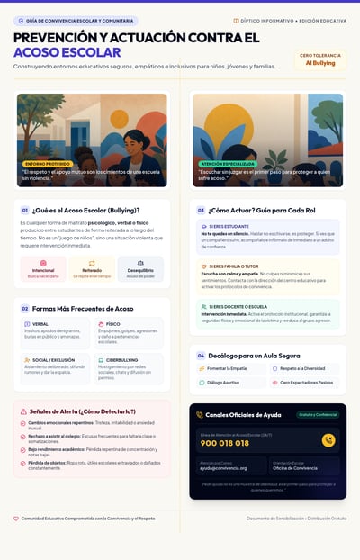Spanish brochure on school bullying prevention, with illustrated scenes, warning signs, response guidance, classroom practices, and contact