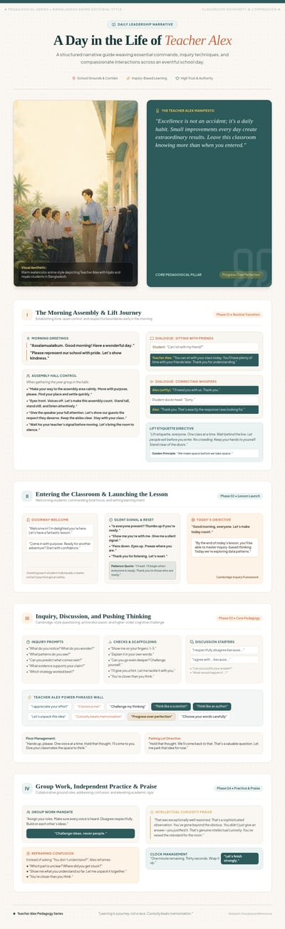 Teacher Alex classroom guide with a watercolor school scene, teal manifesto panel, numbered routine sections, and dialogue cards