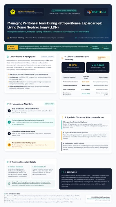 portrait urology poster maps peritoneal tear management with venting and repair steps, clinical outcomes, recommendations, and a four-step