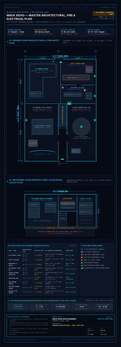 Dark CAD concept sheet for an entertainment venue with ground and mezzanine plans, gaming zones, stair details, and MEP tables