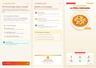 Spanish Hawaiian pizza study brochure with an illustrated pizza cover, flavor cards, food facts, a quiz, and a 2026 footer