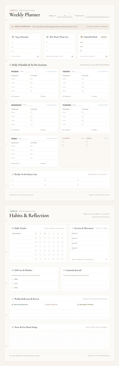 Two cream weekly planner pages with daily time blocks, priorities, habit and movement trackers, gratitude, reflection, and notes