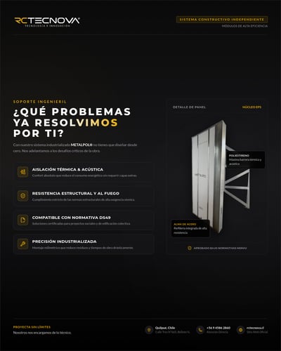 Charcoal Spanish Metalpol product slide with four benefit cards, a labeled panel cutaway, and yellow technical accents