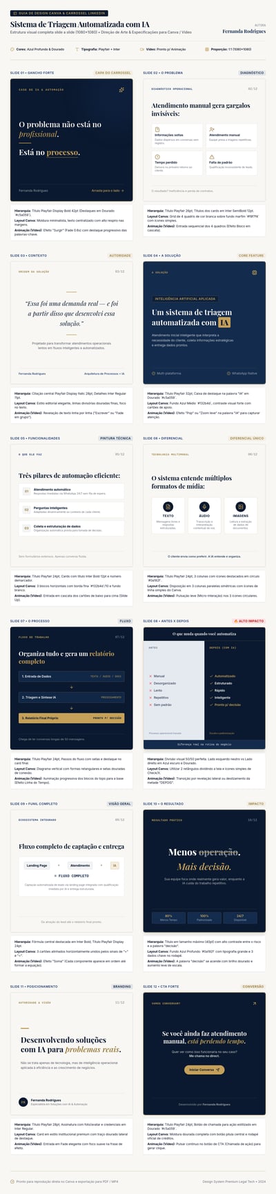 Tall Portuguese guide with 12 navy-and-gold LinkedIn slide plans about AI intake, workflow diagrams, and Canva layout notes