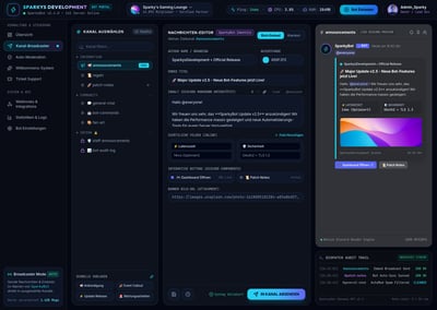 Dark Discord announcement dashboard concept with server navigation, message controls, embed settings, and live preview