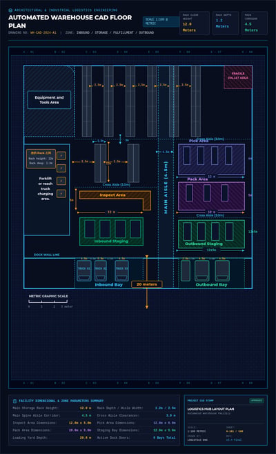 Dark warehouse CAD concept with rack rows, pick-and-pack zones, charging areas, staging, dimensions, and separate loading bays