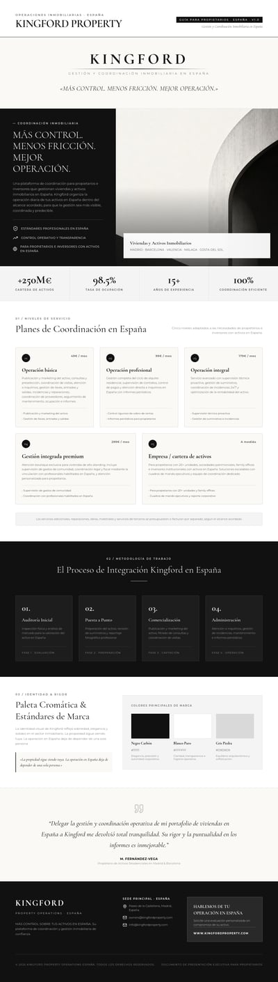 Spanish property-management page with a grayscale architecture hero, service cards, four workflow stages, and a dark contact footer