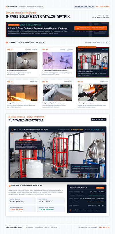 Aerospace catalog-page concept with six equipment cards, Run Tanks details, specification panels, and a PDF-download area