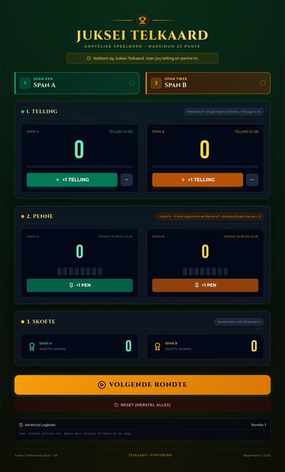 Dark Afrikaans scoreboard with teal Span A and amber Span B counters, scoring sections, round controls, and a log