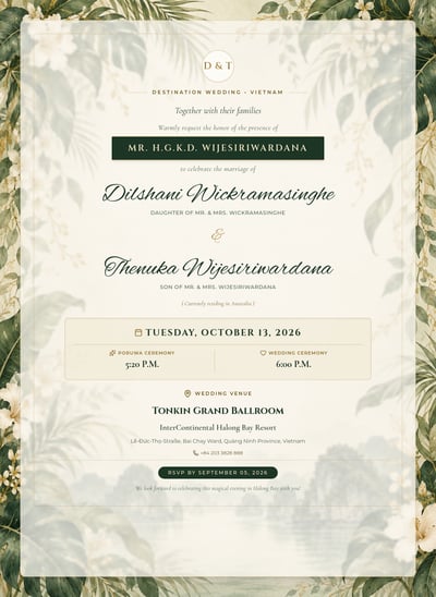 Ivory destination-wedding invitation with a leafy green border, script names, gold accents, ceremony times, venue details, and RSVP bar