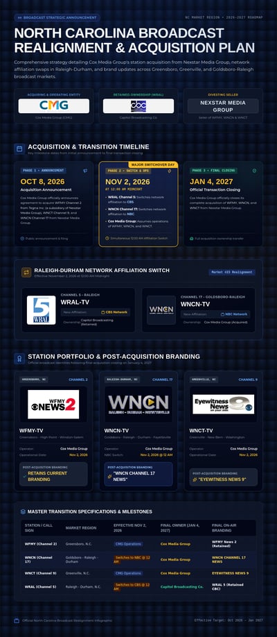 Hypothetical North Carolina broadcast-realignment infographic with timeline cards, affiliation comparisons, and ownership tables