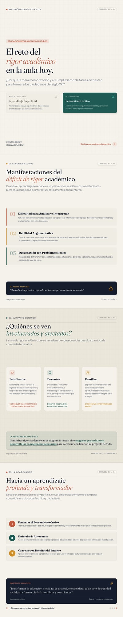 Four-part Spanish teaching carousel with serif headings, learning comparisons, diagnostic cards, stakeholder panels, and numbered actions