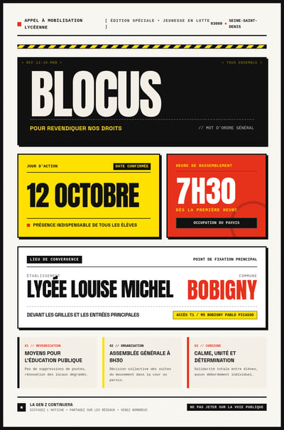 French BLOCUS poster layout with black-yellow hazard stripes, red event panels, bold type, and a meeting-point block