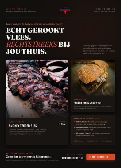 Dark Dutch barbecue delivery page with smoked-ribs and pulled-pork photos, cream serif headings, and an orange order button