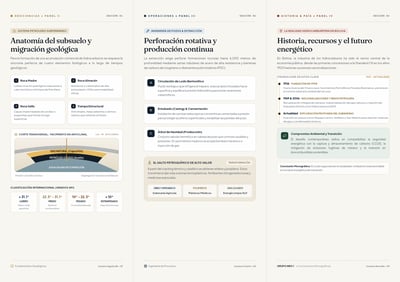 Spanish petroleum-industry trifold with a geology diagram, drilling steps, petrochemical cards, and a Bolivia history timeline