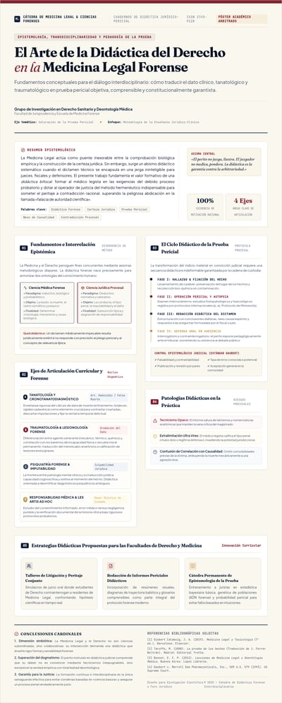 Spanish forensic-medicine teaching poster with navy headings, burgundy markers, comparison cards, a process timeline, and references