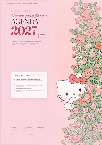 Blush-pink Agenda 2027 cover with Spanish lettering, botanical flowers, sage leaves, and a white cat with a pink bow