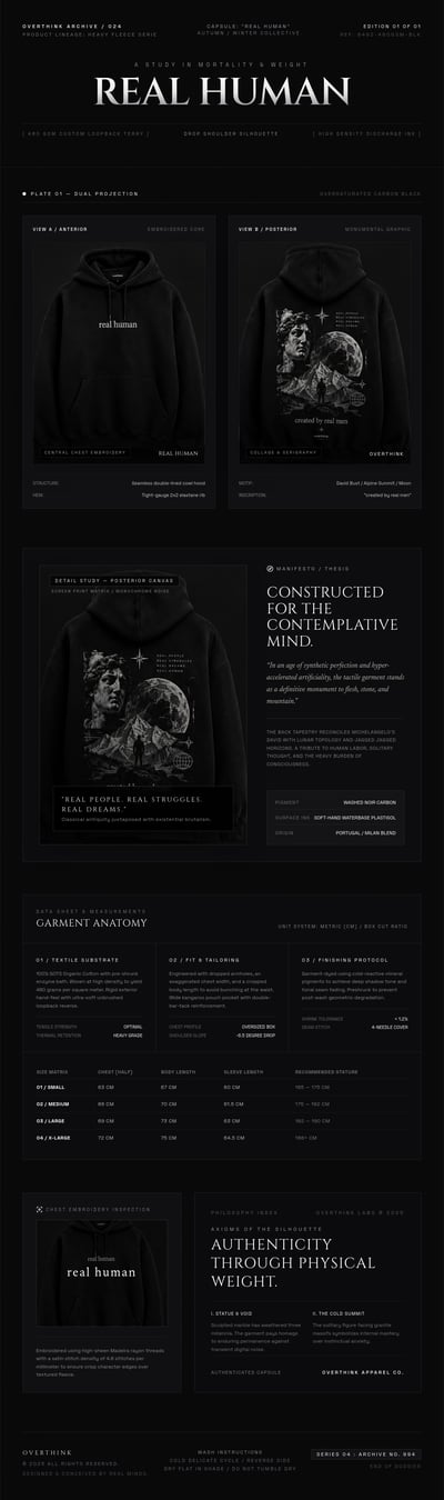 Monochrome black hoodie dossier with front and back views, chest embroidery, a collage back print, and garment detail panels