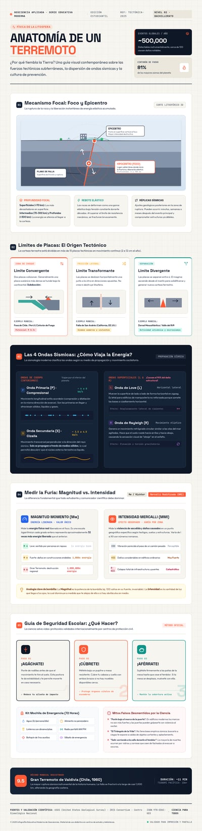 Spanish earthquake poster layout with cross-sections, plate-boundary diagrams, seismic-wave comparisons, and numbered panels