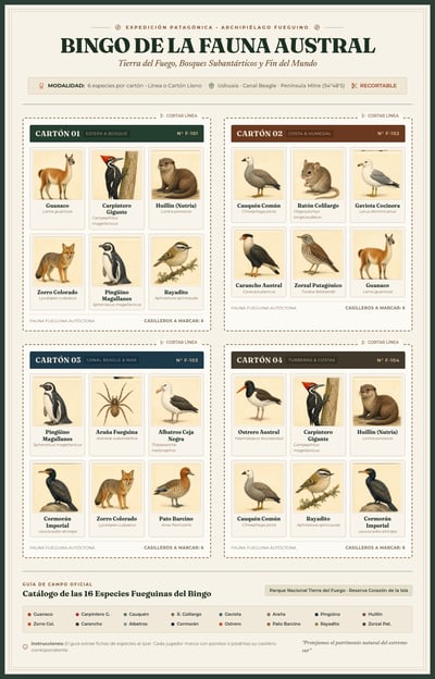 Spanish Tierra del Fuego wildlife bingo sample with four six-image cards, animal illustrations, cut lines, and a species key