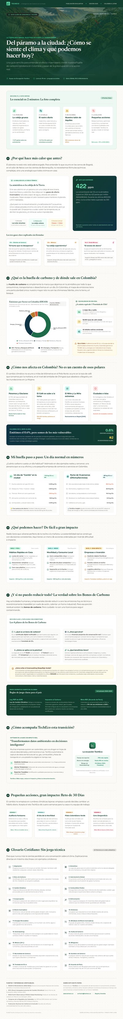 Spanish climate white-paper layout with a dark-green Andean landscape hero, chart areas, footprint cards, and glossary entries