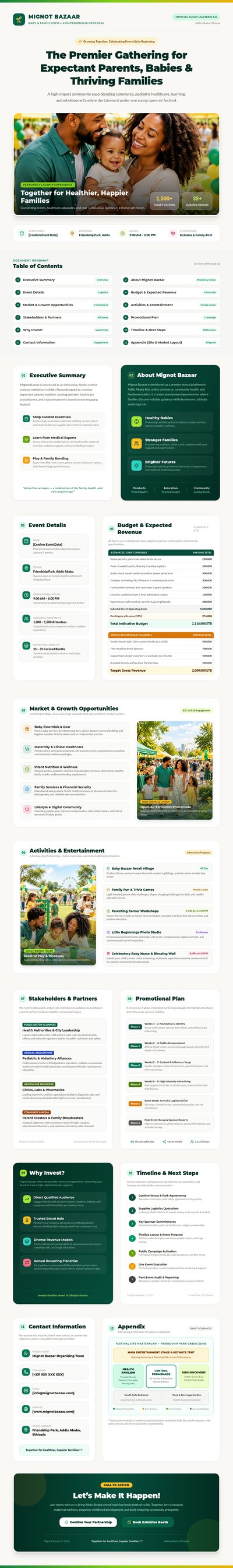 Mignot Bazaar family-expo brochure layout with a family-photo hero, green cards, budget-table areas, a timeline, and site appendix