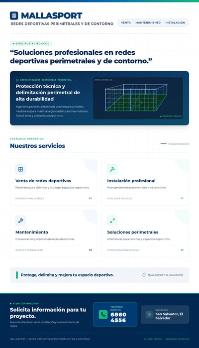 Spanish Mallasport presentation with court-and-net line art, navy-teal styling, four white service cards, and a dark footer