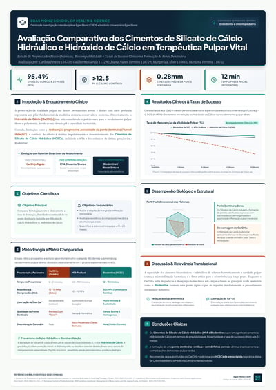 Portuguese dental-poster layout with a navy header, material-comparison panels, metric-card areas, line and radar charts