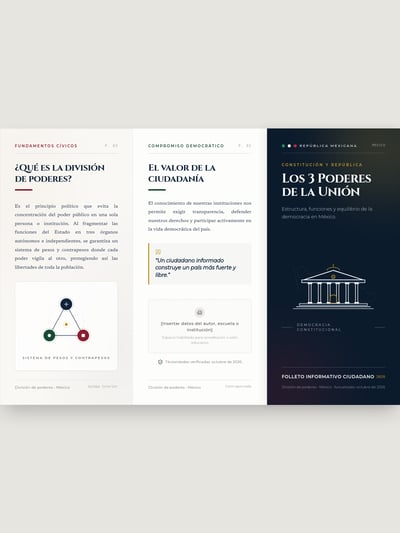 Spanish civic trifold with three exterior panels, a connected-node diagram, an author field, and a navy civic-building cover