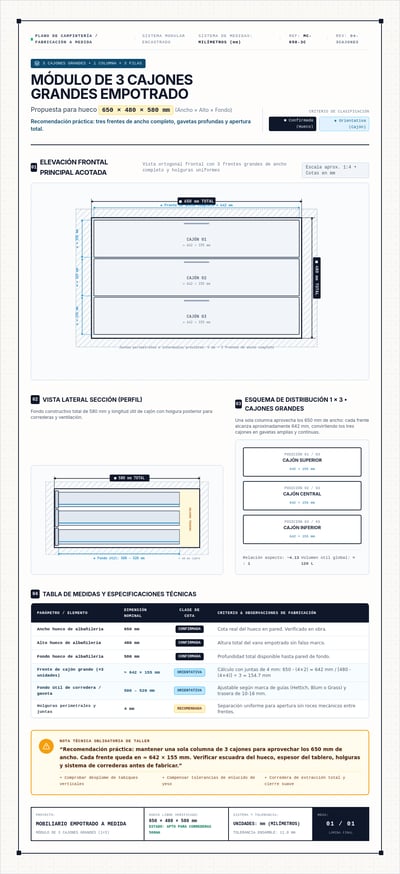 Spanish cabinet-sheet layout with three stacked drawers, dimensioned front and side views, a 1 × 3 diagram, and a notes table