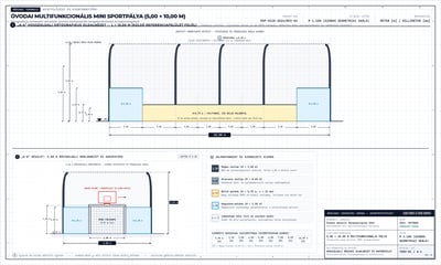 Technical concept drawing of a 5 × 10 m mini court with arched mesh, colored panels, dimension lines, and a cross-section
