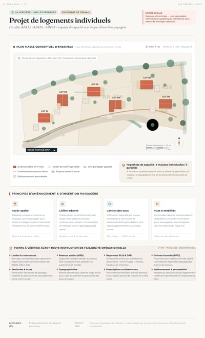 French concept site plan board with six detached homes on three parcels, a shared access road, trees, footpaths, and design cards