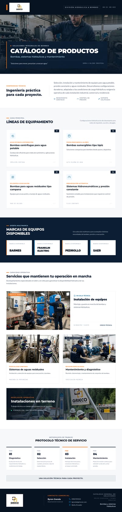 Long Spanish hydraulic pump catalog with navy and orange sections, product cards, workshop photos, and a four-step service process