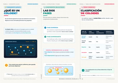Spanish colloid-brochure interior with three panels, particle diagrams, two-phase cards, and a classification table on graph paper