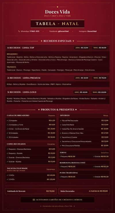 Portuguese Christmas dessert menu with a burgundy background, fine gold framing, star motifs, filling tiers, and gift lists