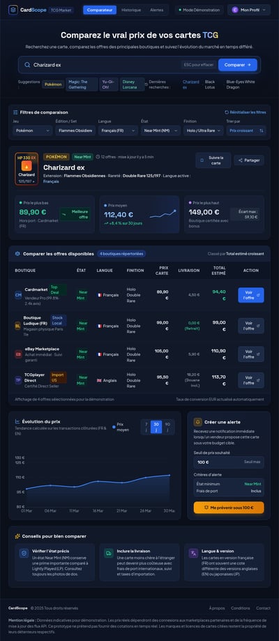 French CardScope TCG dashboard demo with Charizard ex search, sample price cards, an offer table, trend chart, and alert panel