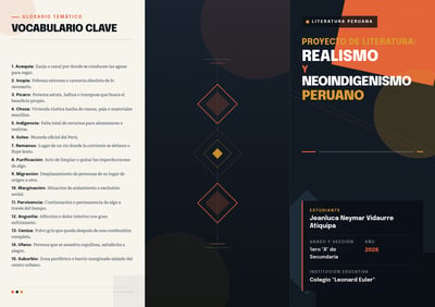 Spanish Peruvian-literature trifold layout with a cream glossary panel, dark geometric center flap, and orange-and-gold cover