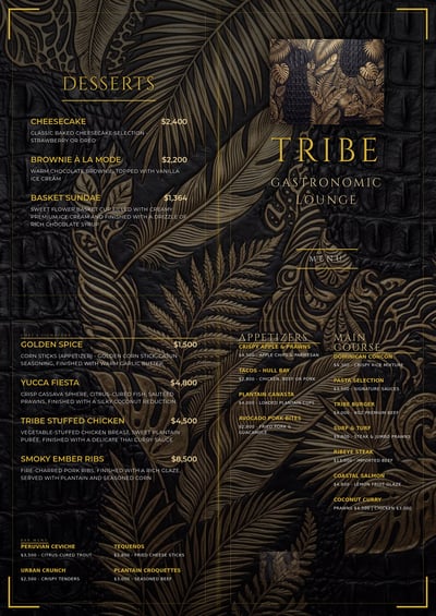 Black and gold Tribe Gastronomic Lounge restaurant menu with tropical leaf texture and multiple food sections.
