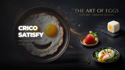 Dark food advertising banner titled The Art of Eggs with fried egg, soft-boiled egg, strawberry garnish, and culinary headline text.